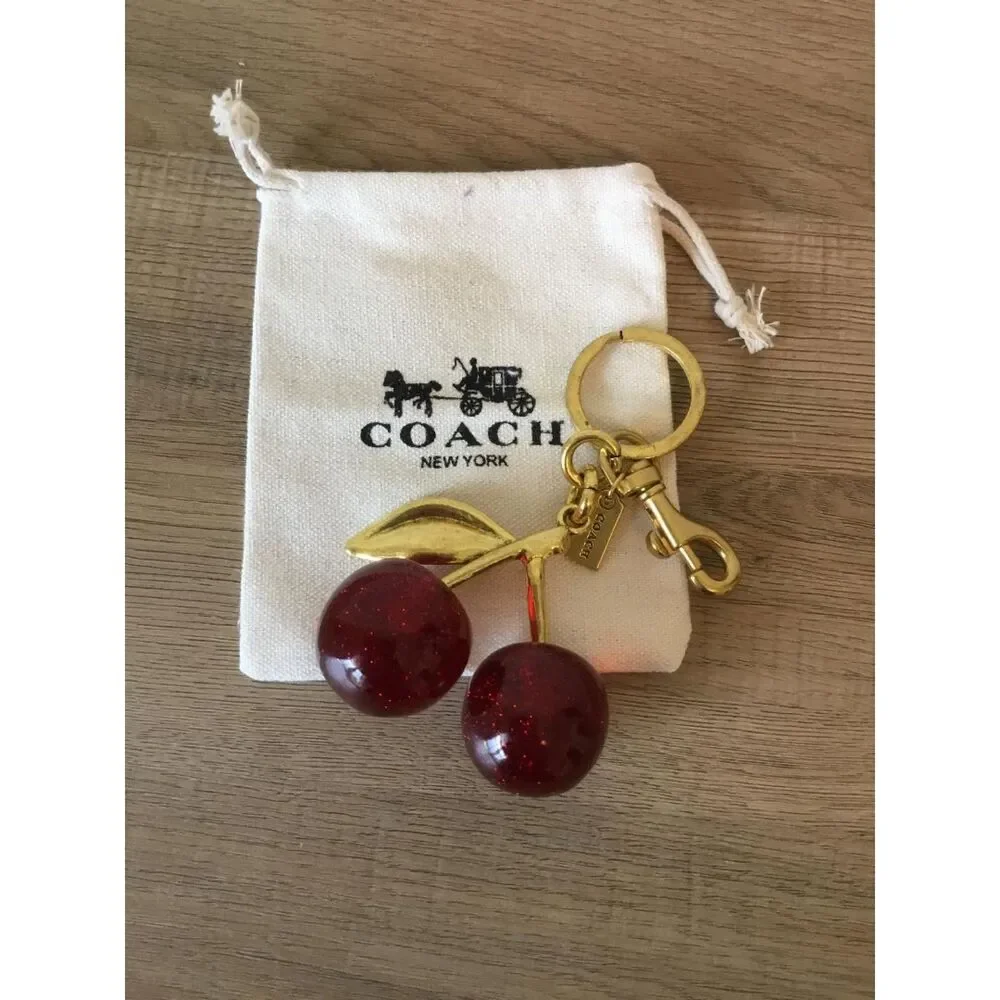 Coach Red Cherry Bag Charm Keychain Resin Metal Brass in Coach Dustbag